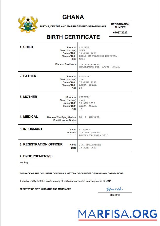 Blank Ghana vital record birth certificate Word and PDF template